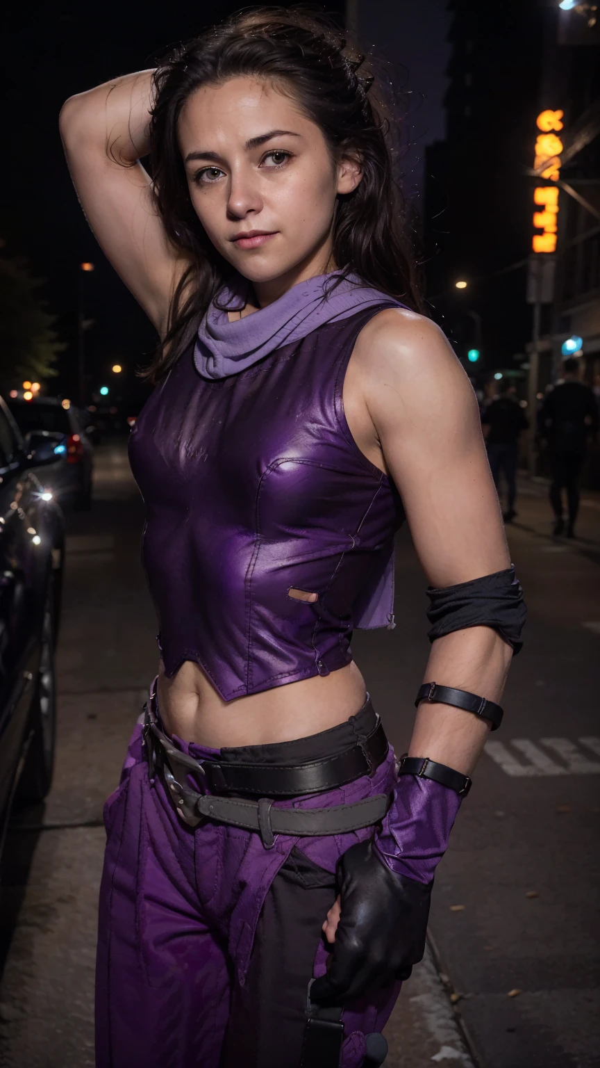 (masterpiece), (photorealistic1.4), (1 girl), (solo), (best quality), (epiCRealLife), (Kate Bishop long hair), (sleeveless top), (kateb2023 black utility belt), (kateb2023 purple costume), (purple pants) (kateb2023 purple sleevless bodysuit), (kst3w),(white scarf), bare shoulder), (night time), (black boot), (elbow gloves), (abs), (flash photography), (flashphoto), (cowboy shots), (outdoor), (street of new york), (at night), (look at viewers),(light smile)