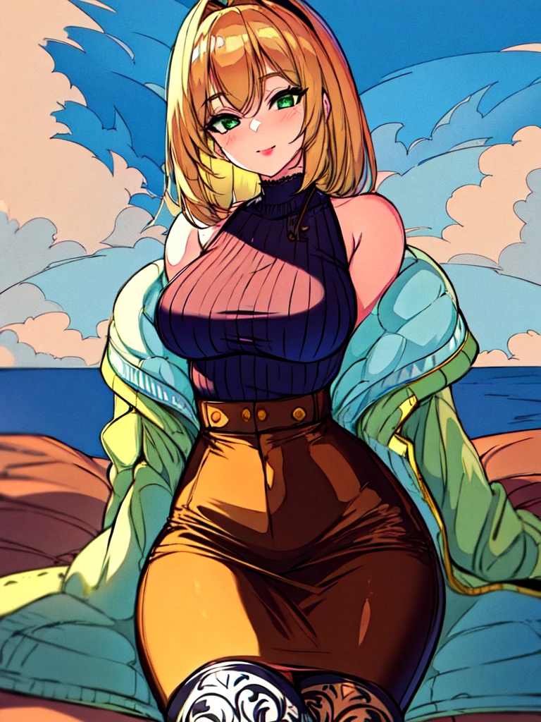 Masterpiece, raw, beautiful art, professional artist, 8k, art style by sciamano240, very detailed face, very detailed hair, 1 woman, perfectly drawn body, beautiful face, long hair, blonde hair, very detailed green eyes, rosey cheeks, intricate details in eyes, playful smile, looking directly at viewer, in love with viewer expression, black chocker, lipstick, wearing cute fall clothes, jacket, sweater, short pencil skirt, thigh boots, sunny day fall