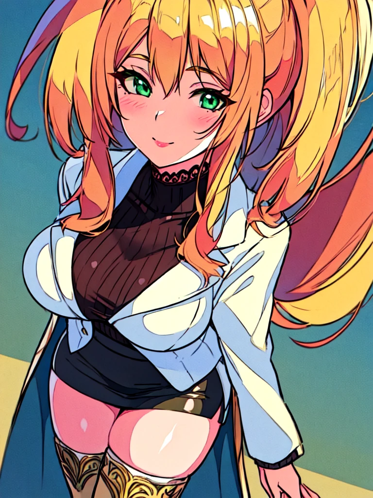 Masterpiece, raw, beautiful art, professional artist, 8k, art style by sciamano240, very detailed face, very detailed hair, 1 woman, perfectly drawn body, beautiful face, long hair, blonde hair, very detailed green eyes, rosey cheeks, intricate details in eyes, playful smile, looking directly at viewer, in love with viewer expression, black chocker, lipstick, wearing cute fall clothes, jacket, sweater, short pencil skirt, thigh boots, sunny day fall