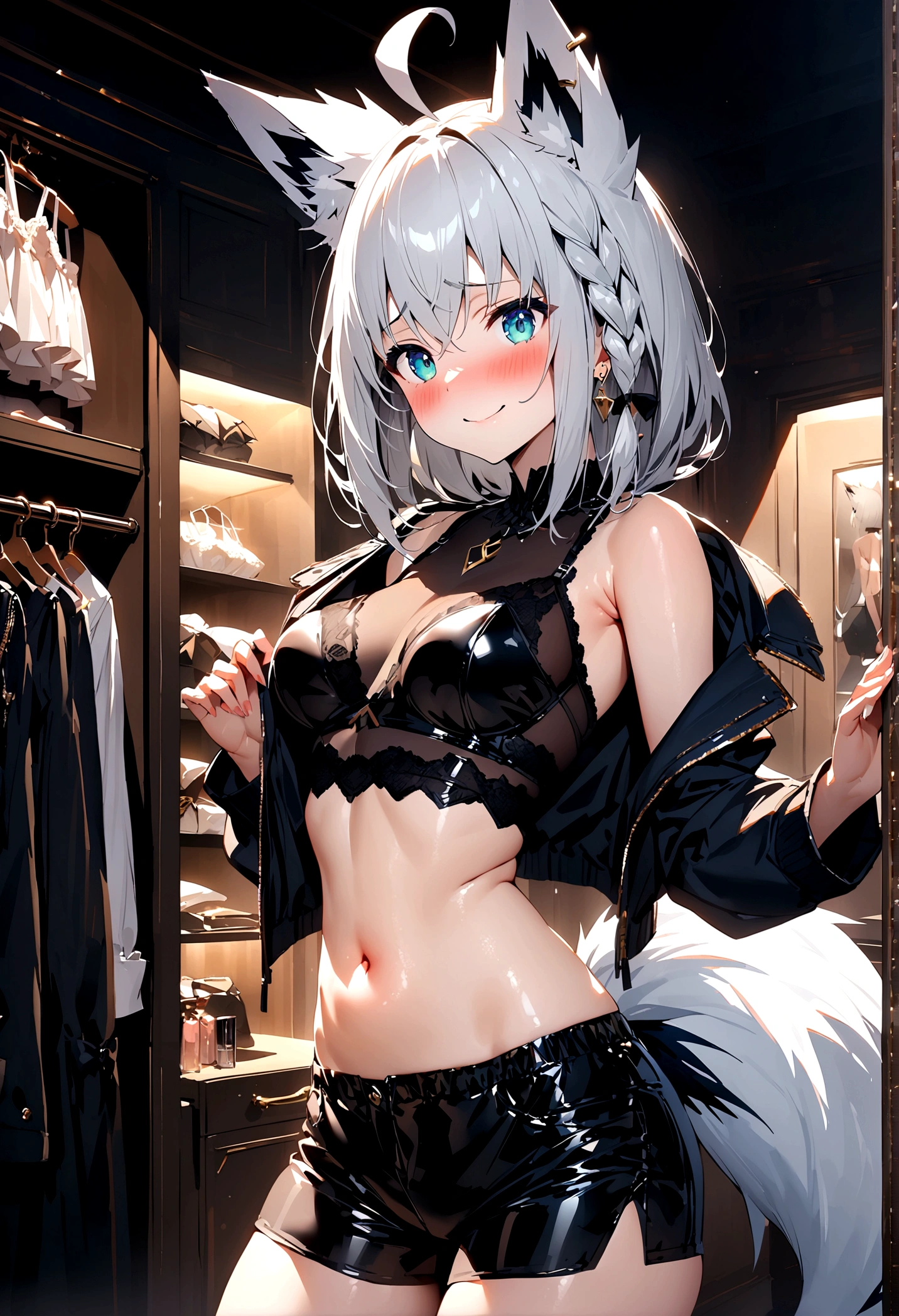 NSFW,masterpiece,Highest quality,High resolution,Super detailed,Shirakami Fubuki\(Hololive\),Gray Hair、One-sided braid、Ahoge、Earrings,Fox ears,Fox tail,Jacket,Crop top shirt,Low-rise shorts,Embarrassed,blush,Expecting face,Seduce,smile,Lingerie Shop,Underwear section,Luxurious Room