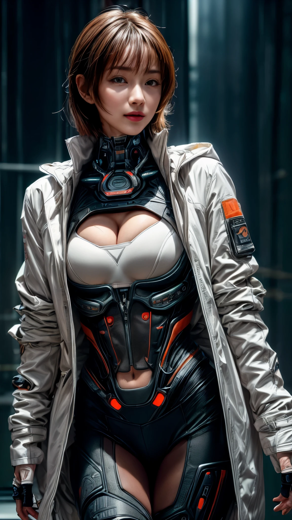 nsfw:1.1、Very beautiful woman、Slender women、(Detailed face)、Realistic Skin、((Delicate photo)),(Girl Masterpiece RAW Photo Details:1.25), (Highest quality:1.6), (Ultra-high resolution:1.5), (Realistic:1.75), 8K resolution, Canon EOS R5, 50mm, Absurd, Ultra-detailed,Cinema Lighting、One girl, 白hair,((hime_cut))、Smile、 Window Shades,((Ultra tight white jacket coat)), Chest Rig, cyber punk, ((Techwear)),I can see your abs、Bra Top、((Big Breasts))、((The abdomen is visible))、(((Ultra-delicate and futuristic design)))、Biting into the crotch