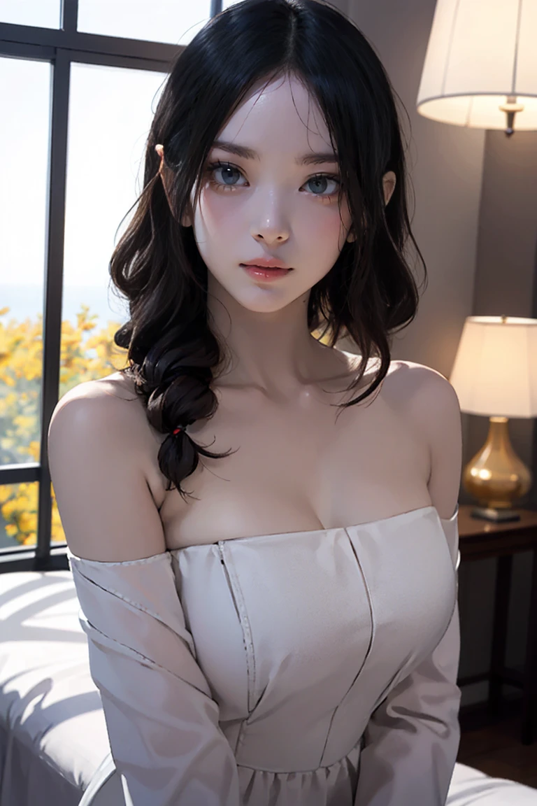 masterpiece, Warm color palette，Light of the sun，Light art，(High detail:1 1), insufficient々しいface, Gray Hair，Off-the-shoulder clothing，Large Breasts，Natural Skin, high quality, Browsing Caution, Beautiful Eyes, (詳細なfaceと目), (face: 1 2), noise,Extra, Actual photo shoot, .PSD, Lamp Film Photo, Sharp focus, Contrast lighting, Delicate skin, High resolution 8k, Very detailed, Realistically, Professional photography, 8K Ultra HD, Single-lens reflex camera, Soft lighting, high quality, Film Grain, Fuji XT3，Browsing Caution