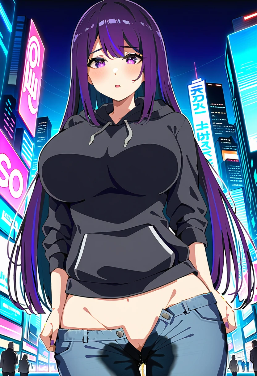 (masterpiece:1.37), best quality, (extremely detailed:1.37), woman, mature, adult, large breasts, very long hair, (straight hair:1.5), dark purple hair, purple eyes, (extremely detailed eyes:1.37), hoodie, jeans, (groin:1.25), desperation, (wetting: self 3.0), standing, city, futuristic, neon lighting, high-tech, street