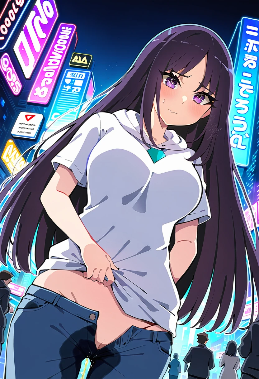 (masterpiece:1.37), best quality, (extremely detailed:1.37), woman, mature, adult, large breasts, very long hair, (straight hair:1.5), dark purple hair, purple eyes, (extremely detailed eyes:1.37), hoodie, jeans, (groin:1.25), desperation, (wetting: self 3.0), standing, city, futuristic, neon lighting, high-tech, street