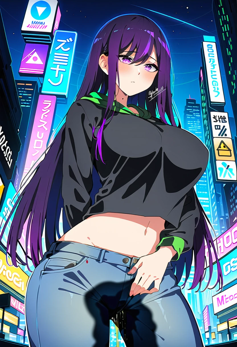 (masterpiece:1.37), best quality, (extremely detailed:1.37), woman, mature, adult, large breasts, very long hair, (straight hair:1.5), dark purple hair, purple eyes, (extremely detailed eyes:1.37), hoodie, jeans, (groin:1.25), desperation, (wetting: self 3.0), standing, city, futuristic, neon lighting, high-tech, street