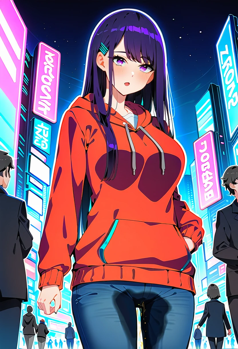 (masterpiece:1.37), best quality, (extremely detailed:1.37), woman, mature, adult, large breasts, very long hair, (straight hair:1.5), dark purple hair, purple eyes, (extremely detailed eyes:1.37), hoodie, jeans, (groin:1.25), desperation, (wetting: self 3.0), standing, city, futuristic, neon lighting, high-tech, street