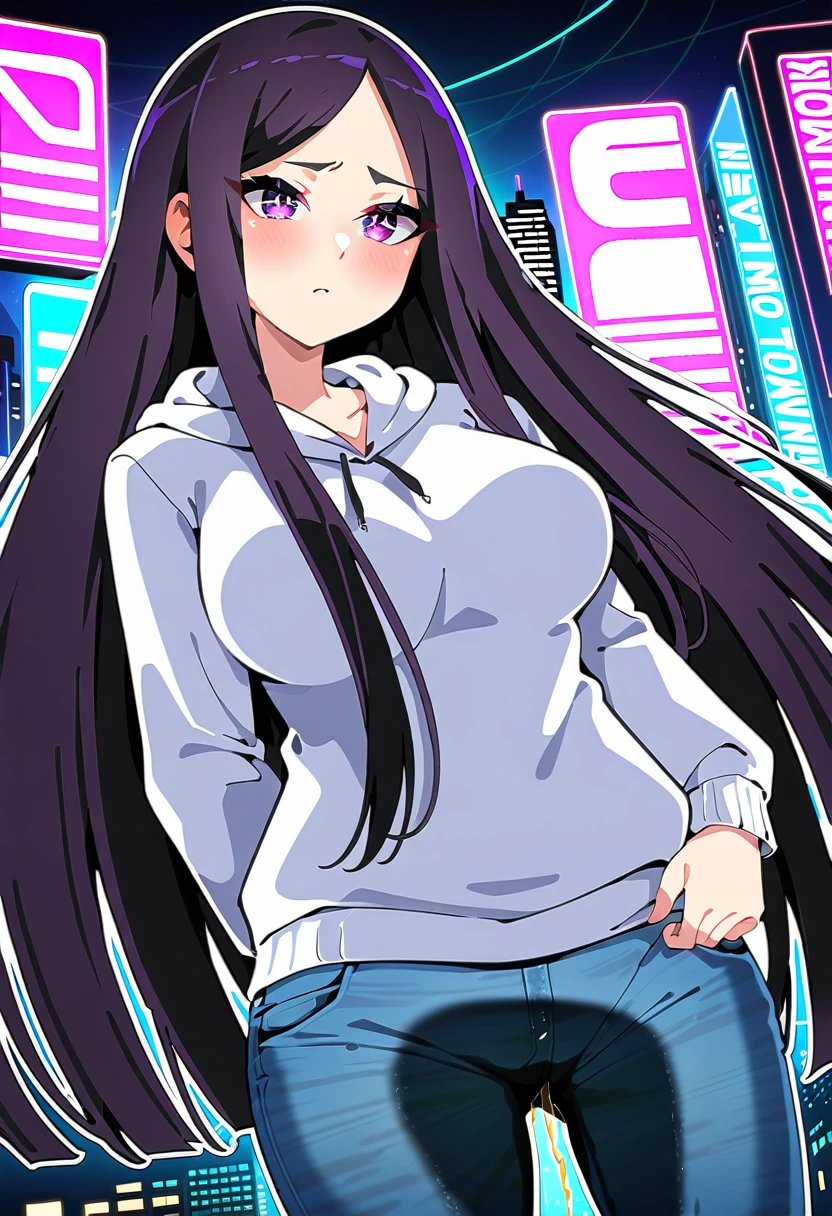 (masterpiece:1.37), best quality, (extremely detailed:1.37), woman, mature, adult, large breasts, very long hair, (straight hair:1.5), dark purple hair, purple eyes, (extremely detailed eyes:1.37), hoodie, jeans, (groin:1.25), desperation, (wetting: self 3.0), standing, city, futuristic, neon lighting, high-tech, street