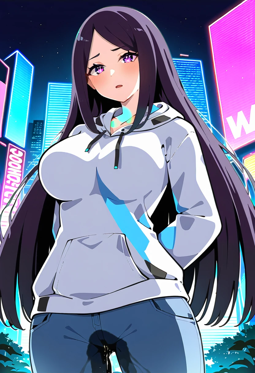 (masterpiece:1.37), best quality, (extremely detailed:1.37), woman, mature, adult, large breasts, very long hair, (straight hair:1.5), dark purple hair, purple eyes, (extremely detailed eyes:1.37), hoodie, jeans, (groin:1.25), desperation, (wetting: self 3.0), standing, city, futuristic, neon lighting, high-tech, street