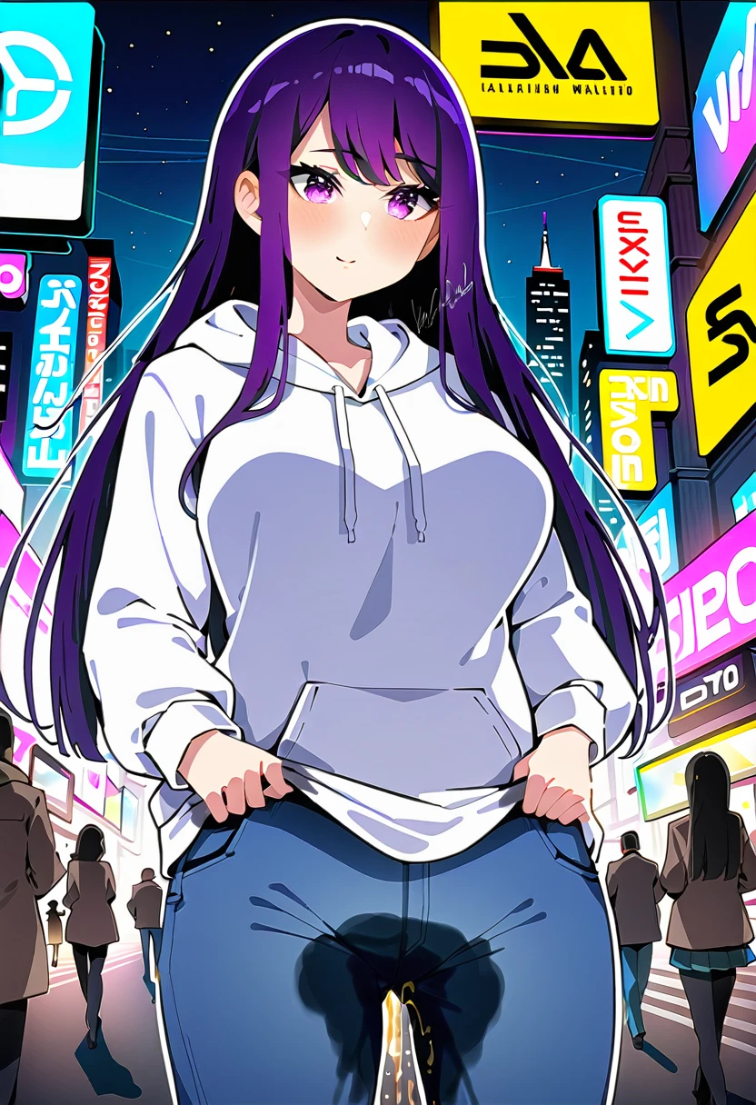 (masterpiece:1.37), best quality, (extremely detailed:1.37), woman, mature, adult, large breasts, very long hair, (straight hair:1.5), dark purple hair, purple eyes, (extremely detailed eyes:1.37), hoodie, jeans, (groin:1.25), desperation, (wetting: self 3.0), standing, city, futuristic, neon lighting, high-tech, street