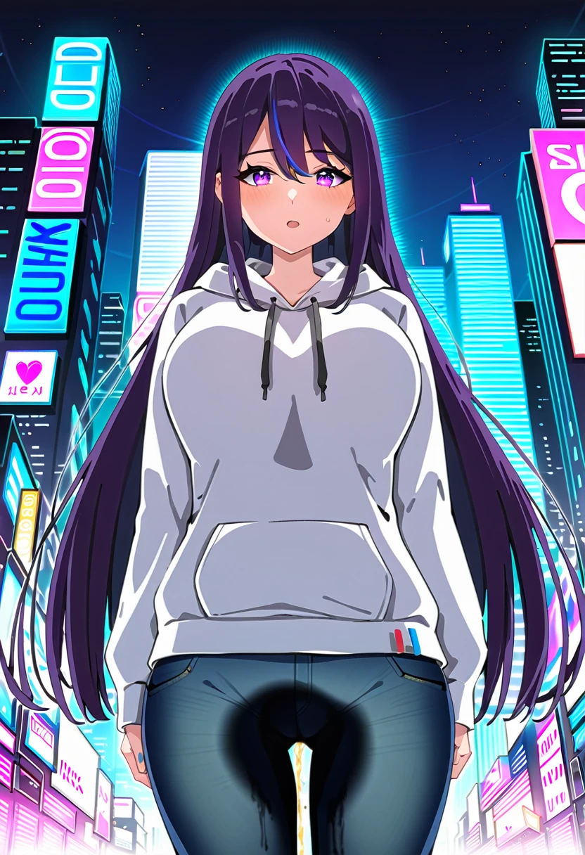 (masterpiece:1.37), best quality, (extremely detailed:1.37), woman, mature, adult, large breasts, very long hair, (straight hair:1.5), dark purple hair, purple eyes, (extremely detailed eyes:1.37), hoodie, jeans, (groin:1.25), desperation, (wetting: self 3.0), standing, city, futuristic, neon lighting, high-tech, street