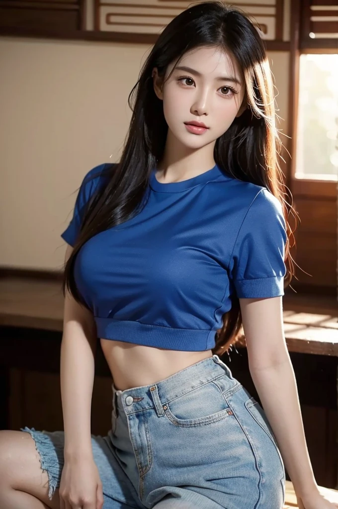 Young Haraf woman wearing a red t-shirt looks at the camera., perfect has a round face, A well-maintained model., Close-up photo, Southeast Asian women with round faces, Large bust measures 38 inches., long hair,black eyes,abdominal muscles, The body is beautiful and strong., thick hips, rounded chest, Outdoors in the countryside, old shabby thatched hut, Red, green, yellow, white flowers, Warm light, The morning sun shines beautifully., (digital painting, HDR, high contrast), 3d, 8K, 45,000,000 pixcls,Asian girl, Gorgeous Chinese model, Japanese model, beautiful asian woman, Japanese goddess, Very beautiful girl., beautiful young woman, very beautiful woman, Attractive and beautiful, sexy girl, Asian girl, beautiful female model, jaw-dropping beauty, Bright face
