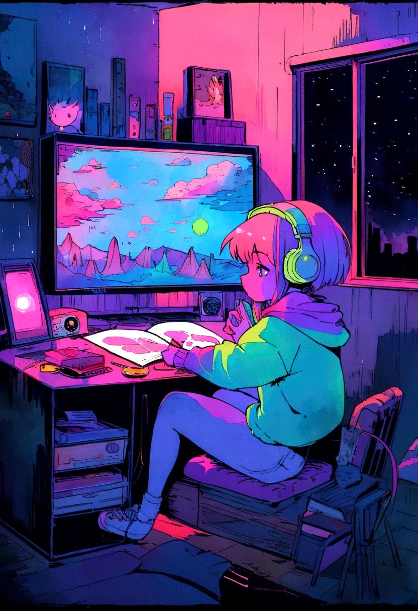 (zero), Girl studying in her room, reading a book, Wear headphones, , night lights, Neon landscape on a rainy day,Analog Color Theme, Lo-Fi Hip Hop , retrospective, flat, 2.5D ,Draw a line, Ink Drawing, Large slope, Watercolor painting, Goosch Colors, Studio Ghibli Style, Awesome colorful, Outer Ton, Synthwave, lofi art,90s style,Old texture, amplitude,90s vibe, masutepiece, Tremendous technology, 16:9 scale