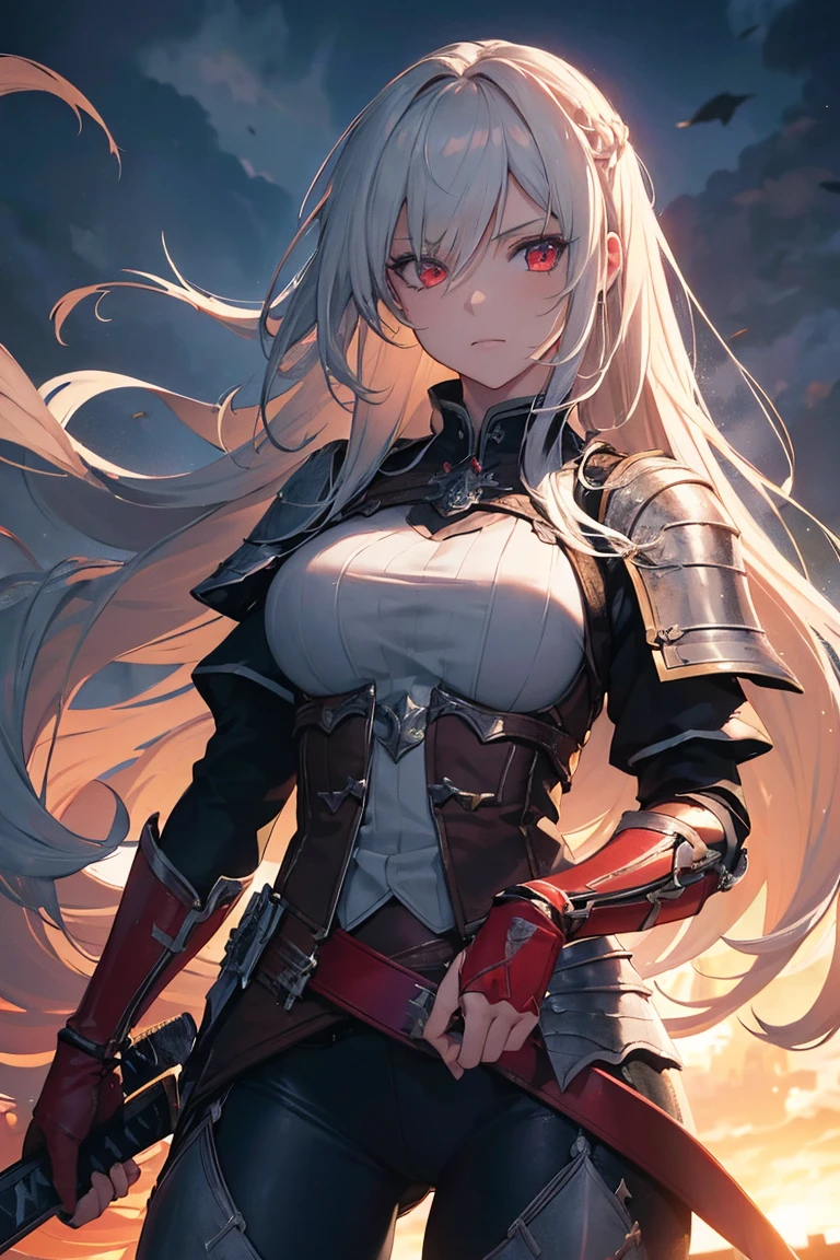 "(best quality,highres,masterpiece:1.2),ultra-detailed,(realistic,photorealistic,photo-realistic:1.37),portrait,medieval,1girl,red eyes,beautiful long straight white hair,fantasy,swordman,knight,katana,battle scene,heroic,action-packed,adventure,bravery,light armor,strong,confident,attacking,motion blur,dynamic composition,dramatic lighting,dangerous,explosive effects,vivid colors,stormy sky"