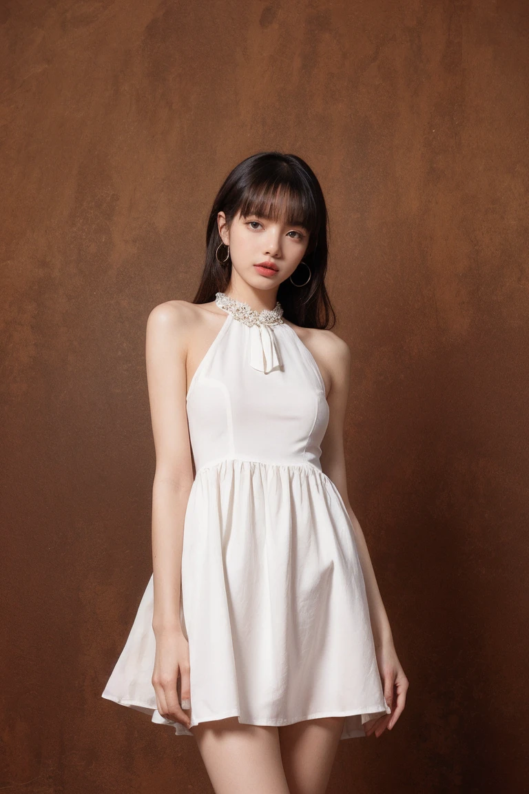 21yo girl, beautiful dress, Brown background,