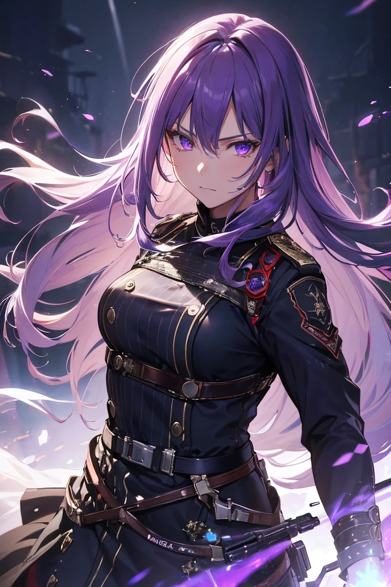 (highres, realistic, 4k, ultra-detailed, masterpiece:1.2), glowing purple eyes, purple hair, long hair, cowboy shot (no hat:1.3), military dress, sniper rifle, Hekart, ethereal aura, flowing dress, mystical background, dramatic lighting, fierce expression, magical atmosphere, vivid colors, dynamic pose, enchanting beauty