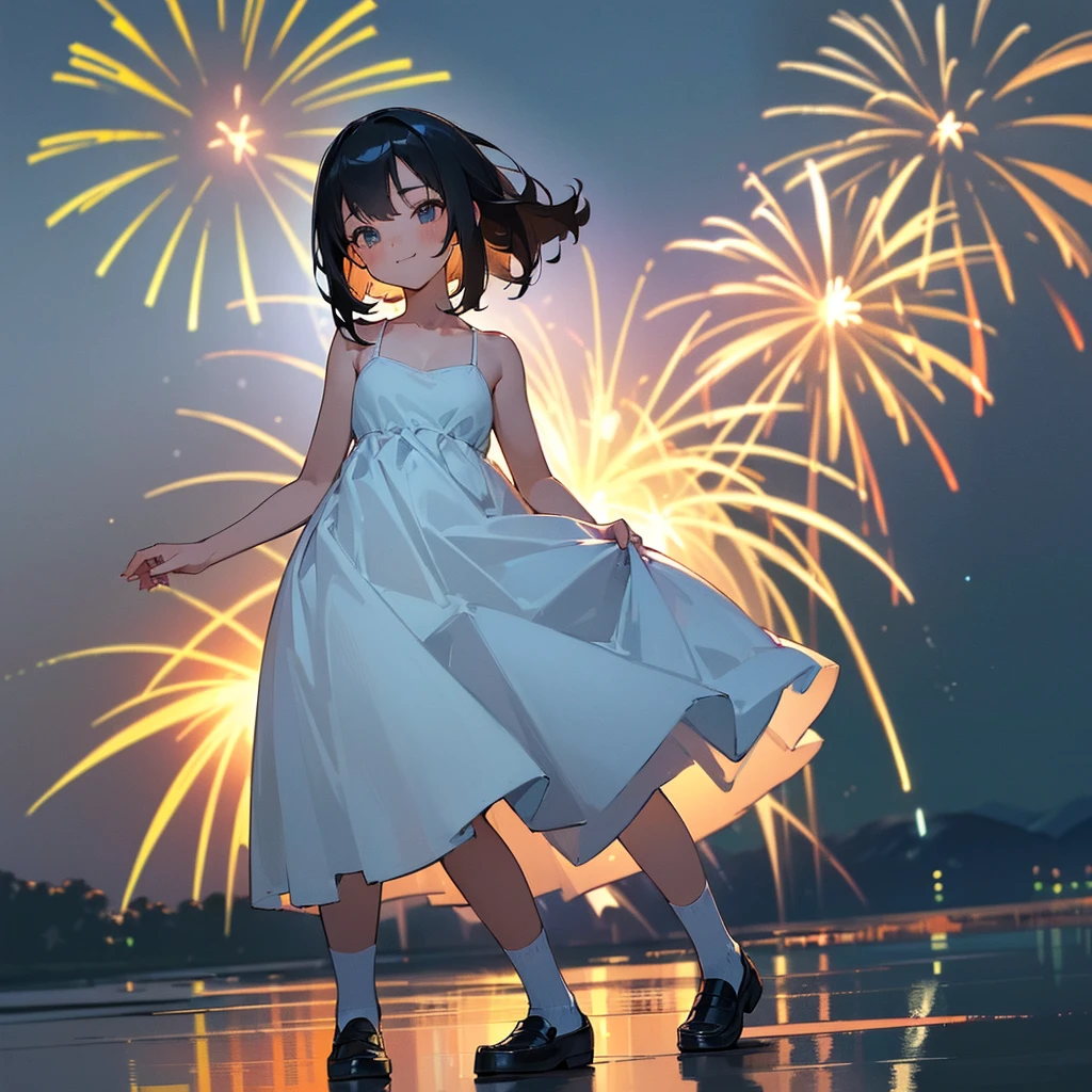 (high quality, High resolution, Very detailed, reality:1.37), Peaceful atmosphere, (Night Sky, firework), Teenage girl standing alone, (my breasts are big.), Beautiful details, Cute Smile, (Black bob hair), White camisole dress, White socks, loafers.