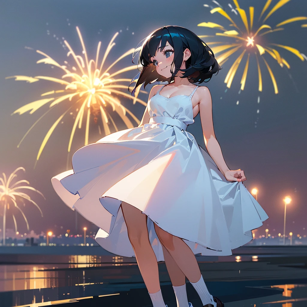 (high quality, High resolution, Very detailed, reality:1.37), Peaceful atmosphere, (Night Sky, firework), age girl standing alone, (my breasts are big.), Beautiful details, Cute Smile, (Black bob hair), White camisole dress, White socks, loafers.
