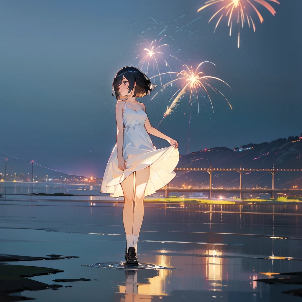 (high quality, High resolution, Very detailed, reality:1.37), Peaceful atmosphere, (Night Sky, firework), girl standing alone, (my breasts are big.), Beautiful details, Cute Smile, (Black bob hair), White camisole dress, White socks, loafers.