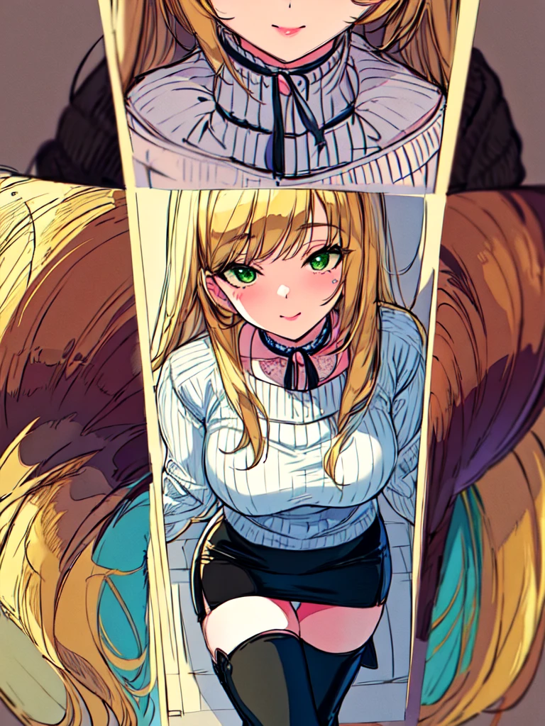 Masterpiece, raw, beautiful art, professional artist, 8k, art style by sciamano240, very detailed face, very detailed hair, 1 woman, perfectly drawn body, beautiful face, long hair, blonde hair, very detailed green eyes, rosey cheeks, intricate details in eyes, playful smile, looking directly at viewer, in love with viewer expression, black chocker, lipstick, wearing cute fall clothes, jacket, sweater, short pencil skirt, thigh boots, sunny day fall