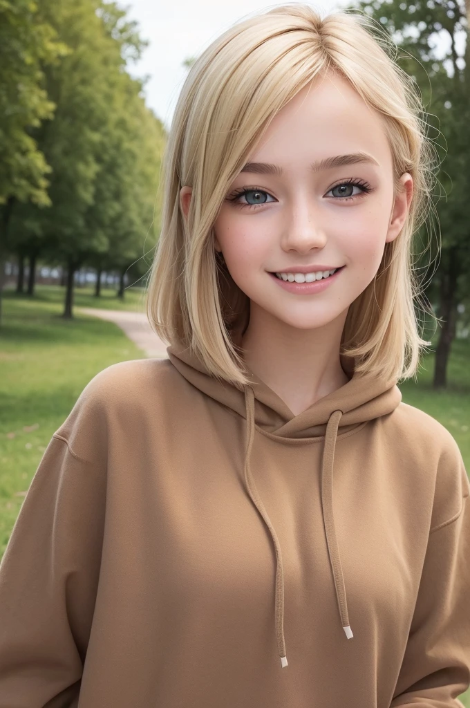 ((Average quality)), ((Instagram photo)), (little detailed), face perfect, 15 year old european woman, with blonde hair. In a natural park dressed in a brown sweatshirt and with a bright smile . Leave it as similar to the photos taken previously. Change your haircut 
