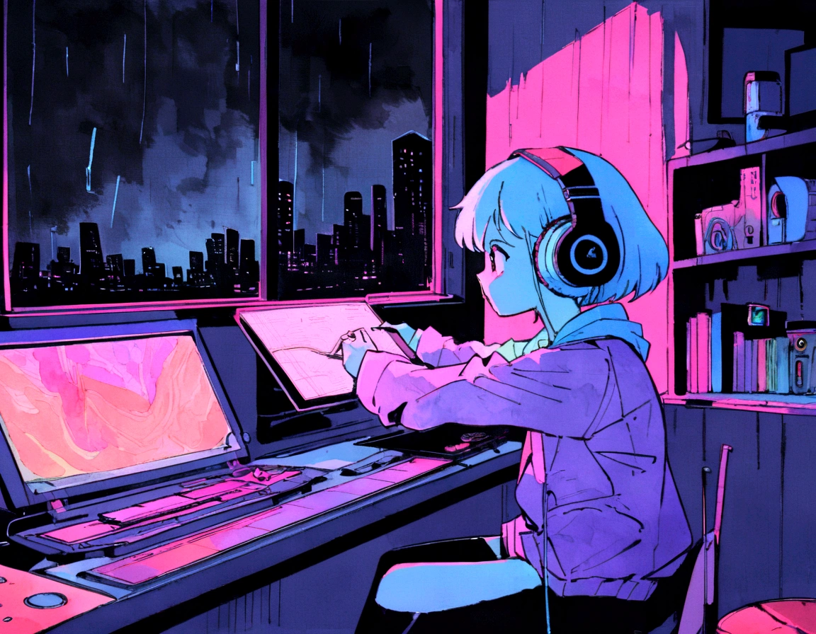 (zero), Girl studying in her room, reading a book, Wear headphones, , night lights, Neon landscape on a rainy day,Analog Color Theme, Lo-Fi Hip Hop , retrospective, flat, 2.5D ,Draw a line, Ink Drawing, Large slope, Watercolor painting, Goosch Colors, Studio Ghibli Style, Awesome colorful, Outer Ton, Synthwave, lofi art,90s style,Old texture, amplitude,90s vibe, masutepiece, Tremendous technology, 16:9 scale
