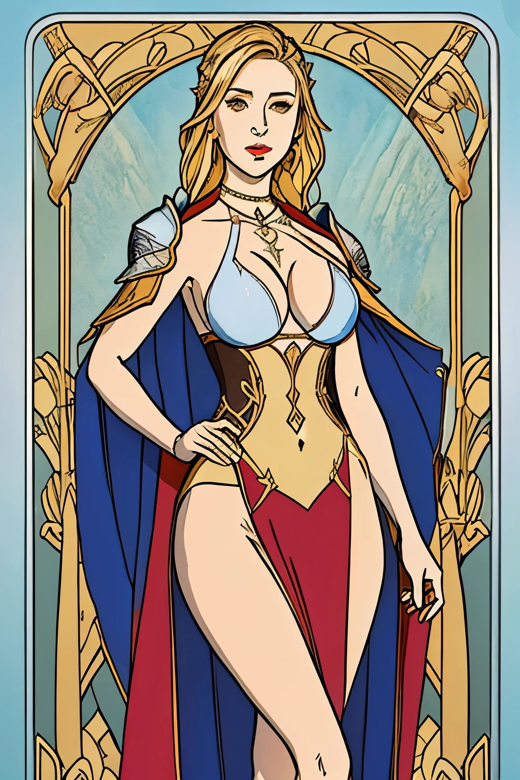 (artwork 1:2, maximum quality, 8k, best quality, beautiful and aesthetic: 1.2) (a woman), (Art Nouveau watercolor painting) extremely detailed, colorful, more detailed, faithful style, (goddess freya: 1.5 ), nordic goddess, european woman, bright eyes, light blue eyes, thick eyelashes, loose braided hair, long hair, blonde hair, large breasts, cleavage, exposed breasts, exposed belly, show navel, show thighs, show cleavage, show breasts , seductive lips, animal leather cloak, beautiful woman, mature woman, attractive woman, voluptuous woman, perfect body, short stature, freckles on the face, freckles under the eyes, necklace, brisingamen freya necklace, golden viking armor, detailed armor , emphasis on armor, golden armor, shoulder armor, waist armor, wrist armor, shining armor, sparkling armor, raising a glass of beer, toasting with beer, (Background with layout of tarot cards in high relief with runes and drawings Nordic and patterns inspired by the style of Alphonse Mucha), (realistic rendering, elaborate details)