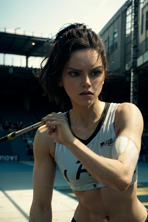 a fearless female athlete, throwing a javelin spear, toned physique, athletic pose, intense concentration, dramatic action shot, dynamic motion blur, modern sports stadium, concrete and steel architecture, bright sunlight, vivid colors, (best quality,4k,8k,highres,masterpiece:1.2),ultra-detailed,(realistic,photorealistic,photo-realistic:1.37),highly detailed, cinematic lighting, dramatic shadows, cinematic composition, sports photography