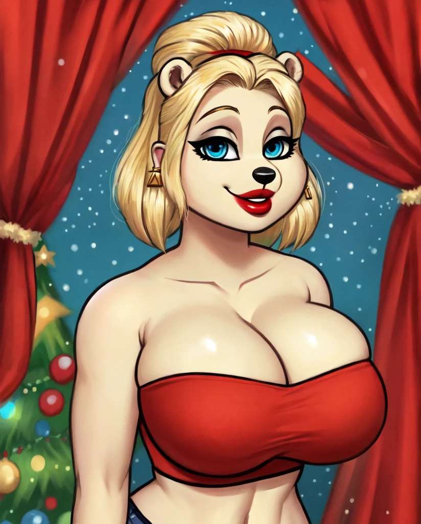 Blonde polar bear woman, wearing a Christmas tube top and jean shorts, perfect face, blue eyes, big breasts, cleavage, three-quarter view, solo, smile, perfect detailed body, red lipstick, gold earrings,