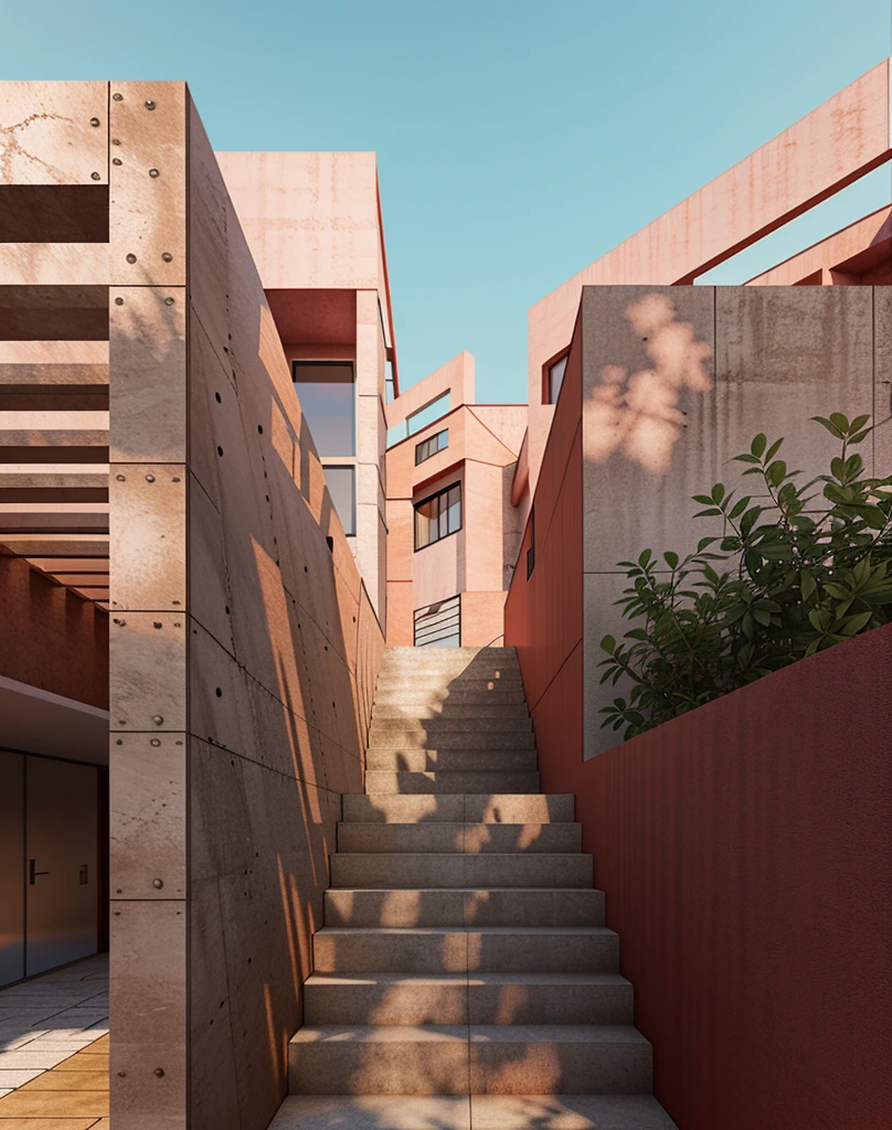 there is a red building with a staircase going up to it, inspired by Ricardo Bofill, pink concrete, architecture render, architectural visualisation, architectural render, archdaily, red building, final render, inspired by David Chipperfield, architectural shot, archviz, architecture visualisation, rendered in pov - ray, digital render, architectural visualization