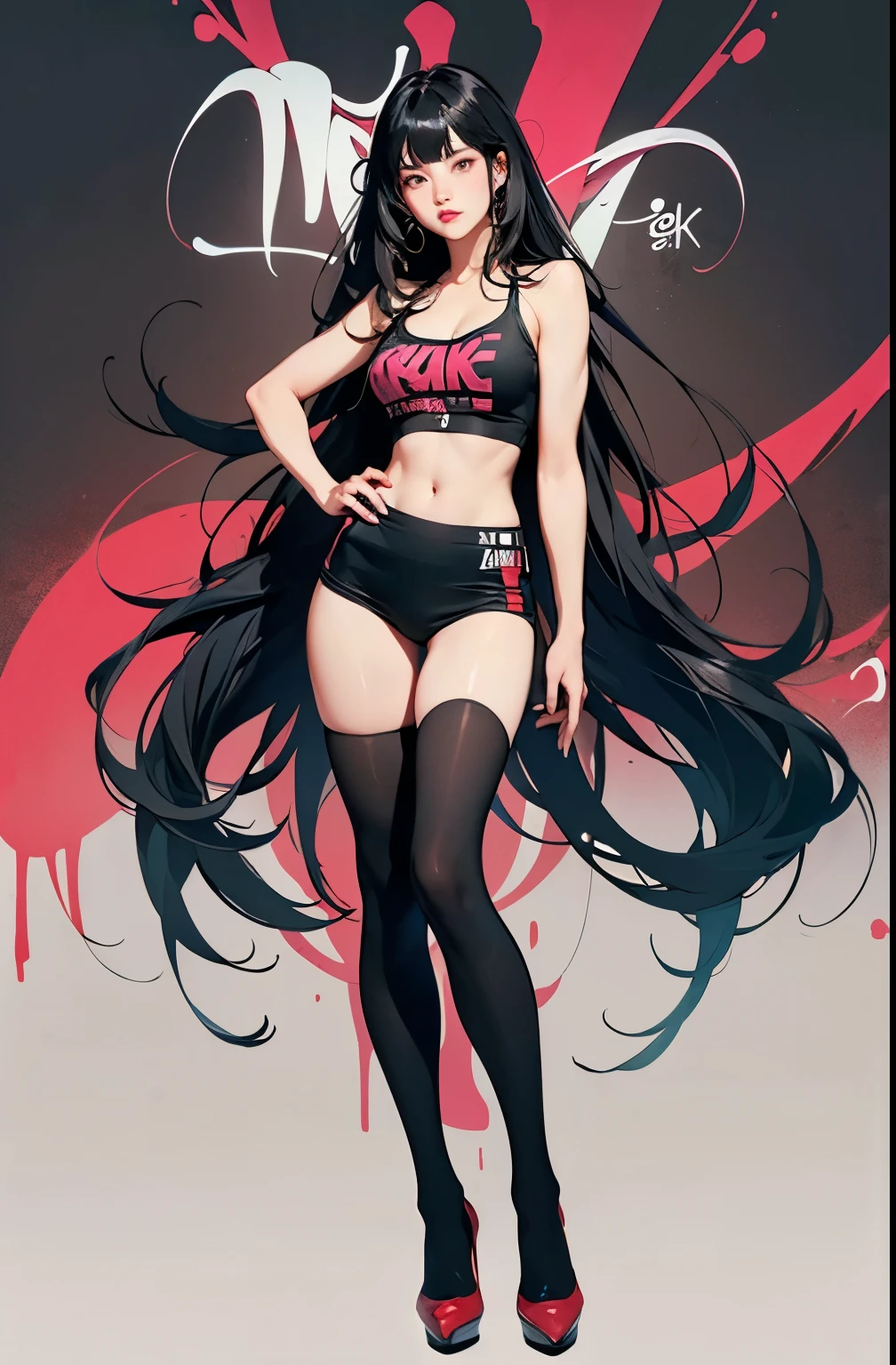 ((masterpiece, high quality, best quality, 8k, wallpaper, detailed, realistic)), 2girls, korean popstar, thighhighs, high heels, long legs, black hair, pretty hands, fringe, full body, (multiple girls:1.4), simple red background, palm trees,  (graffiti wall:1.2), muscular, strong, courageous 