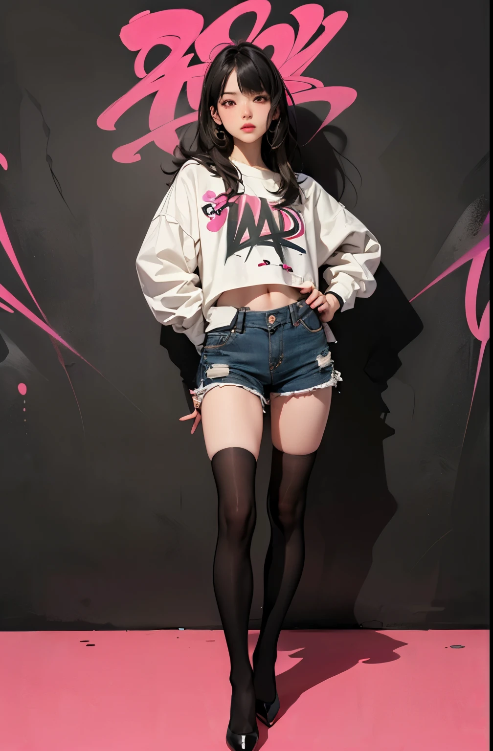 ((masterpiece, high quality, best quality, 8k, wallpaper, detailed, realistic)), 2girls, korean popstar, thighhighs, high heels, long legs, black hair, pretty hands, fringe, full body, (multiple girls:1.4), simple red background, palm trees,  (graffiti wall:1.2), muscular, strong, courageous 