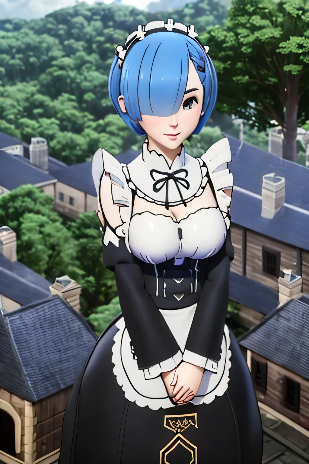 close up 1girl in, Rem, league of legends, teenager, Solo, short hair over one eye, short blue hair, pale skin, full medium breasts, cleavage, runners body, (thin hips, thin waist: 1.25), (arched back:1.12), detailed skin, neutral face, mischievous smile, revealing clothes, (wearing off the shoulder nsfw maid apron: 1.1), (detailed tree house village background:1.4), dark rooftop, overlooking apocalyptic city, 4k textures, soft light, elegant, highly detailed, sharp focus, soothing tones, insane details, intricate details, hyperdetailed, low contrast, exposure blend, hdr, faded