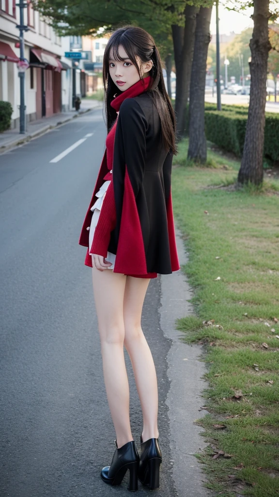 (to the firmware), 1 Woman, 24 years oF age, (Cute Face), (Ideal body proportions), Modern old town landscape, ((ta clothing)), (((Red muFFler))), wet, White skin, Slender, Black Hair, Long hair, beautiFullegs, Small butt, Thin legs, Surrealism, light, depth oF Fields, One person's point of view, F/1.8, 135 mm, nffsw, On the table, precise, Anatomically correct, Textured Skin, Super Detail, High Detail, high quality, The award-winning, best quality, high resolution, 8K