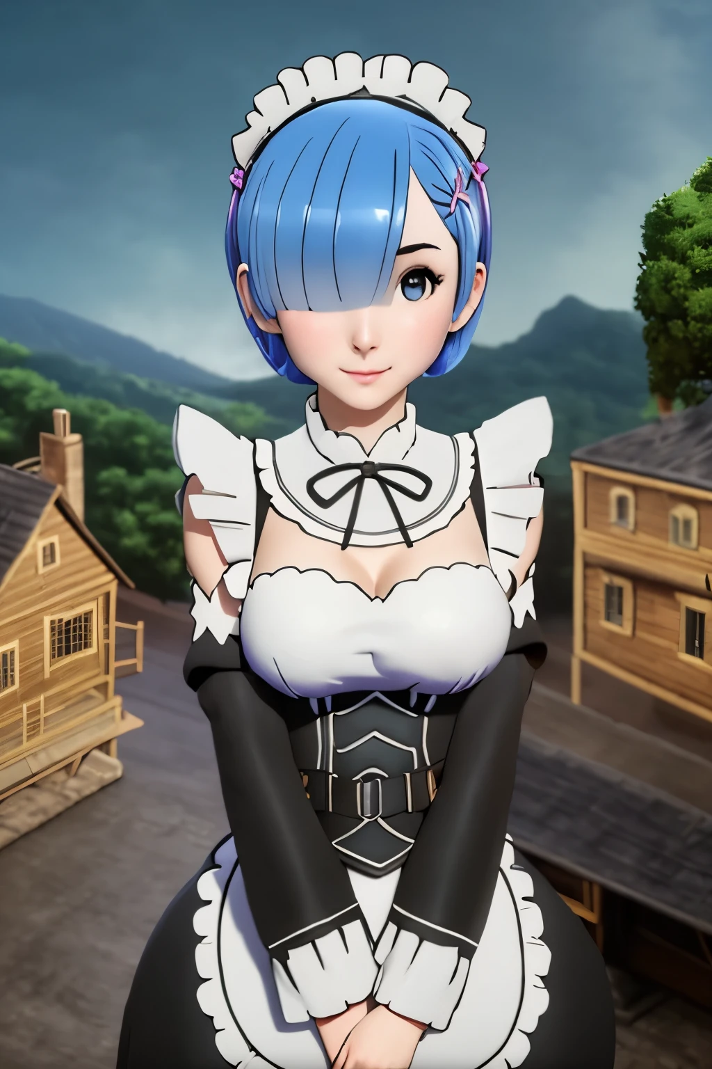 close up 1girl in, Rem, league of legends, teenager, Solo, short hair over one eye, short blue hair, pale skin, full medium breasts, cleavage, runners body, (thin hips, thin waist: 1.25), (arched back:1.12), detailed skin, neutral face, mischievous smile, revealing clothes, (wearing off the shoulder nsfw maid apron: 1.1), (detailed tree house village background:1.4), dark rooftop, overlooking apocalyptic city, 4k textures, soft light, elegant, highly detailed, sharp focus, soothing tones, insane details, intricate details, hyperdetailed, low contrast, exposure blend, hdr, faded