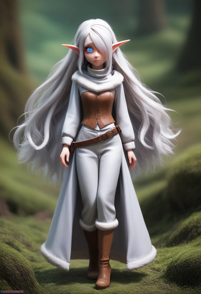 ((Best Quality)), (Masterpiece)), (Details: 1.4), Absurd Resolution, High Resolution, (Masterpiece: 1.4), Ultra Detailed, detailed gnome girl with pale skin, short stature, very long waist length silver hair that curls at the ends, covering one eye, with small breasts, pouty lips, and bright blue anime-style eyes with long lashes, wearing a corset, white puffy long sleeved shirt, and puffy cloth pants, leather bound boots, set in a windy fantasy landscape, (best quality,4k,8k,highres,masterpiece:1.2),ultra-detailed, dungeons and dragons, long elf ears, small girl, detailed skin and cloth textures, cute detailed face, intricate details, extremely detailed, 1girl, dynamic pose with hair covering one eye, shy personality, puffy cloth pants with leather belt, detailed privateer outfit, detailed buccaneer outfit, pouch on belt, wearing ornate leather armor with fur trim, silver inlay detail, wearing fur trimmed boots, wearing fur trimmed gloves, short, short height, halfing girl, small girl, very long detailed flowing hair, big head, big round eyes, windy, wind blown hair