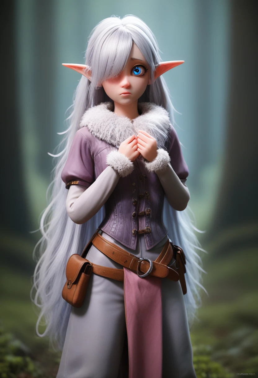 ((Best Quality)), (Masterpiece)), (Details: 1.4), Absurd Resolution, High Resolution, (Masterpiece: 1.4), Ultra Detailed, detailed gnome girl with pale skin, short stature, very long waist length silver hair that curls at the ends, covering one eye, with small breasts, pouty lips, and bright blue anime-style eyes with long lashes, wearing a corset, white puffy long sleeved shirt, and puffy cloth pants, leather bound boots, set in a windy fantasy landscape, (best quality,4k,8k,highres,masterpiece:1.2),ultra-detailed, dungeons and dragons, long elf ears, small girl, detailed skin and cloth textures, cute detailed face, intricate details, extremely detailed, 1girl, dynamic pose with hair covering one eye, shy personality, puffy cloth pants with leather belt, detailed privateer outfit, detailed buccaneer outfit, pouch on belt, wearing ornate leather armor with fur trim, silver inlay detail, wearing fur trimmed boots, wearing fur trimmed gloves, short, short height, halfing girl, small girl, very long detailed flowing hair, big head, big round eyes, windy, wind blown hair