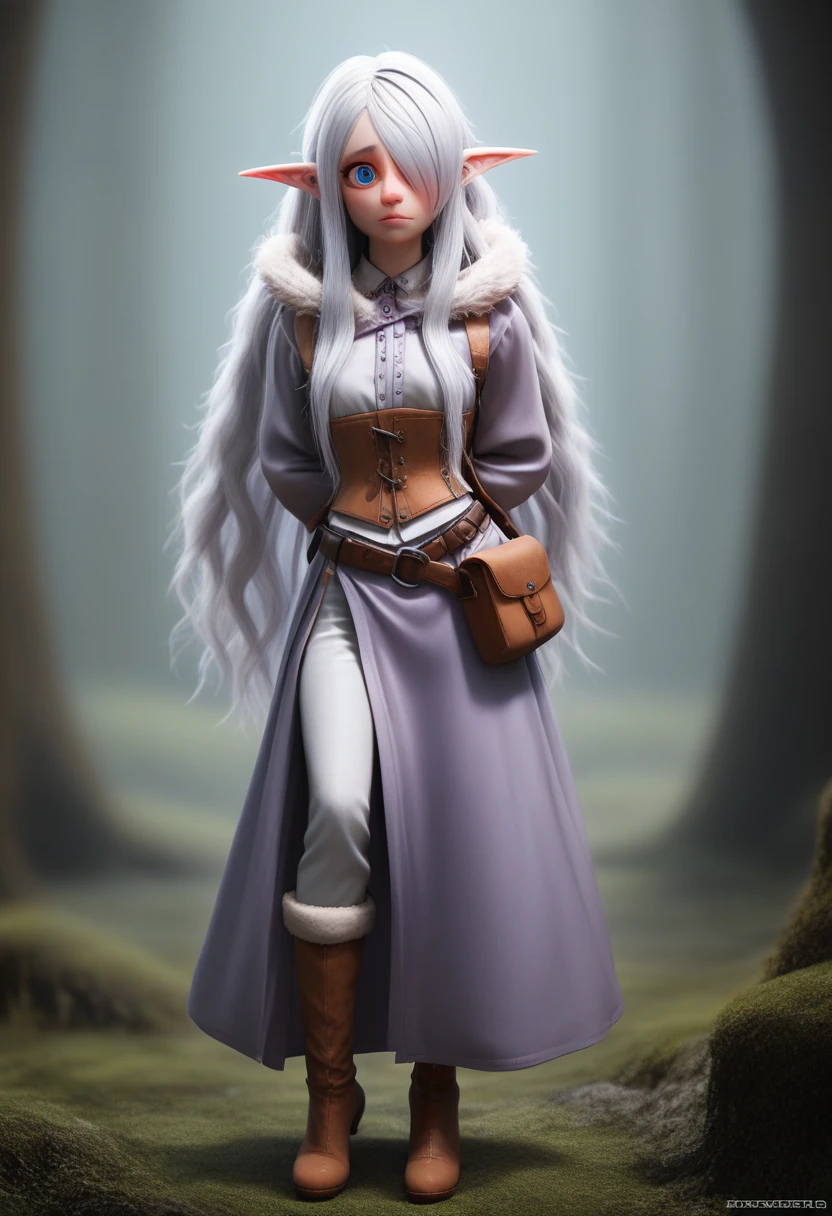 ((Best Quality)), (Masterpiece)), (Details: 1.4), Absurd Resolution, High Resolution, (Masterpiece: 1.4), Ultra Detailed, detailed gnome girl with pale skin, short stature, very long waist length silver hair that curls at the ends, covering one eye, with small breasts, pouty lips, and bright blue anime-style eyes with long lashes, wearing a corset, white puffy long sleeved shirt, and puffy cloth pants, leather bound boots, set in a windy fantasy landscape, (best quality,4k,8k,highres,masterpiece:1.2),ultra-detailed, dungeons and dragons, long elf ears, small girl, detailed skin and cloth textures, cute detailed face, intricate details, extremely detailed, 1girl, dynamic pose with hair covering one eye, shy personality, puffy cloth pants with leather belt, detailed privateer outfit, detailed buccaneer outfit, pouch on belt, wearing ornate leather armor with fur trim, silver inlay detail, wearing fur trimmed boots, wearing fur trimmed gloves, short, short height, halfing girl, small girl, very long detailed flowing hair, big head, big round eyes, windy, wind blown hair