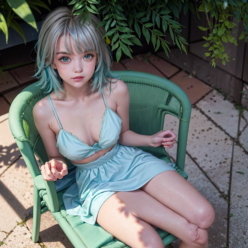  light blue hair, cake strip, Cute green eyes, Beautiful Mouth, 1,60, medium chest, sitting on a large chair in a courtyard 