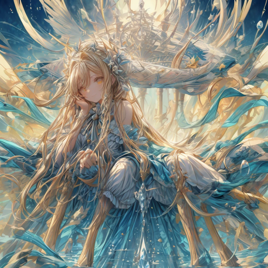 ((top-quality)), ((​masterpiece)), ((Ultra-detail)), (extremely delicate and beautiful), girl with, solo, cold attitude,((princess dress)),She is very(relax)with  the(Settled down)Looks,A blonde-haired, depth of fields,evil smile,Bubble, under the water, Air bubble,bright light yellow eyes,Inner color with blonde hair and light yellow tips,Cold background, longest Hair - Linear Art, skirting、White uniform like 、Light blue ribbon ties、Clothes are sheer 、hand praying pose