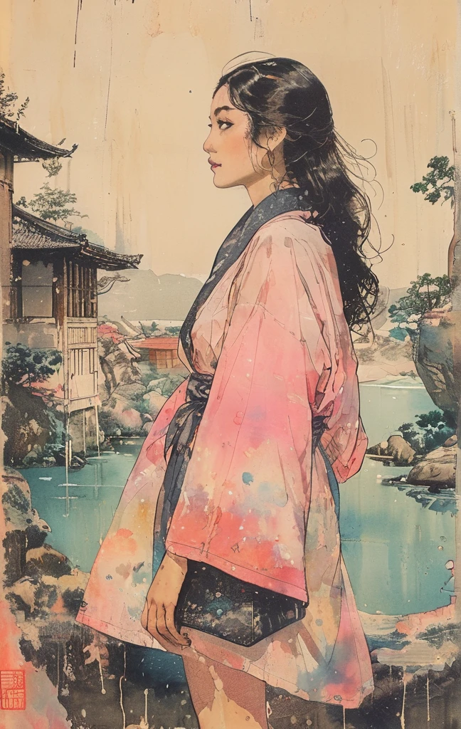 An impressionist painting of a beautiful Asian girl with straight black hair and a very beautiful face. She has short hair and is standing in a terrarium filled with flowers. The girl is naked and the painting is viewed from behind. The background is a serene landscape with mountains, trees, and a body of water.