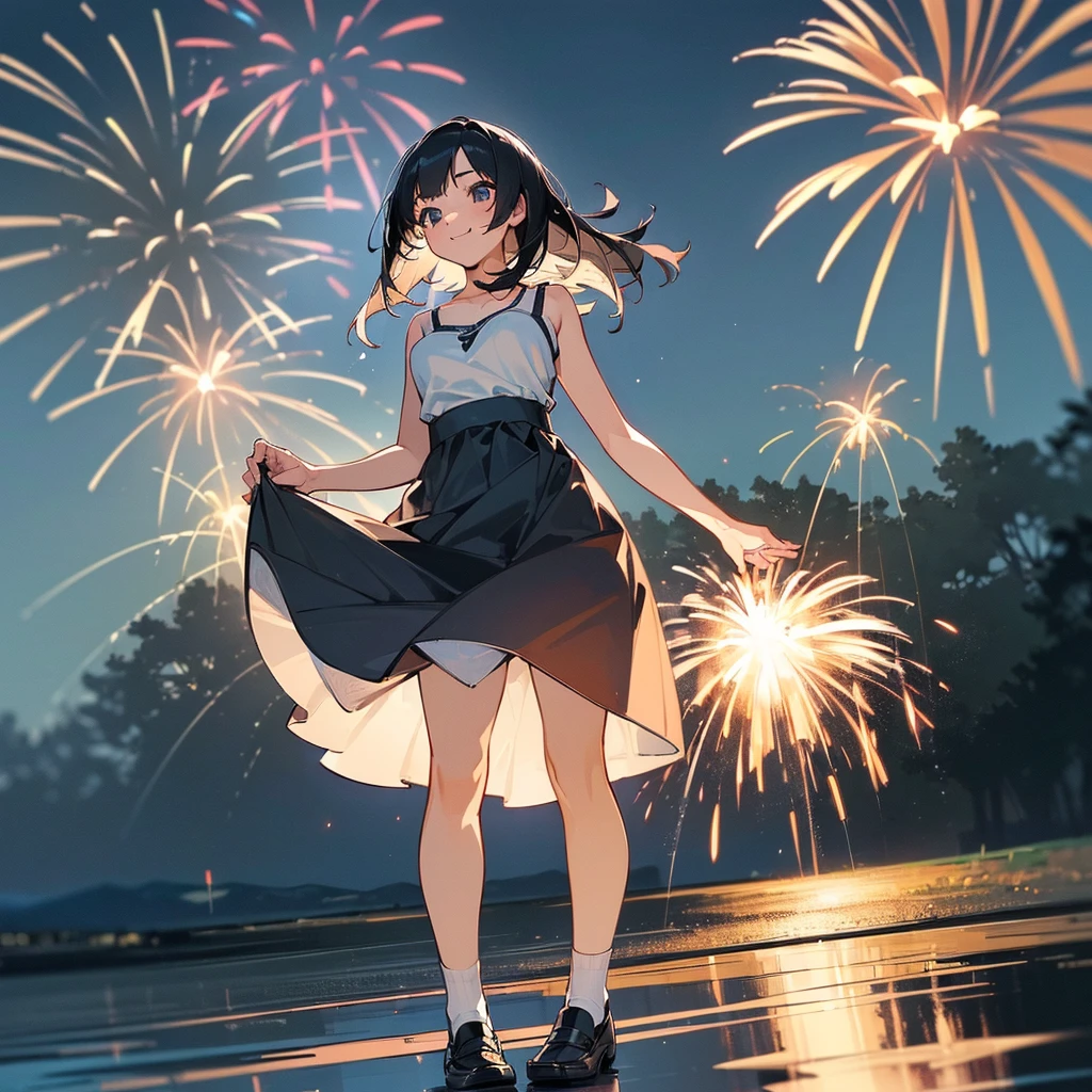 (high quality, High resolution, Very detailed, reality:1.37), Peaceful atmosphere, (Night Sky, firework), age girl standing alone, (my breasts are big.), Beautiful details, Cute Smile, (Black bob hair), White camisole dress, White socks, loafers.