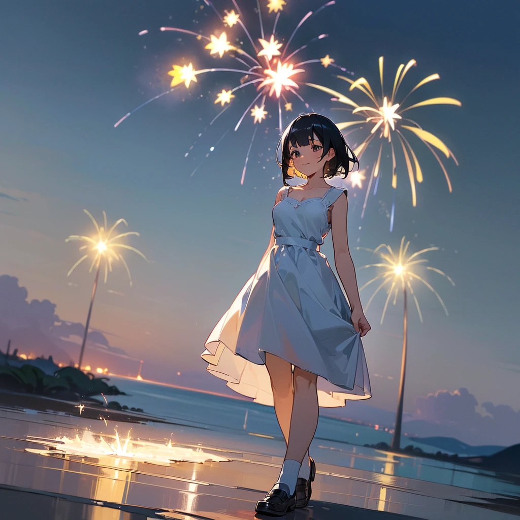 (high quality, High resolution, Very detailed, reality:1.37), Peaceful atmosphere, (Night Sky, firework), Teenage girl standing alone, (my breasts are big.), Beautiful details, Cute Smile, (Black bob hair), White camisole dress, White socks, loafers.