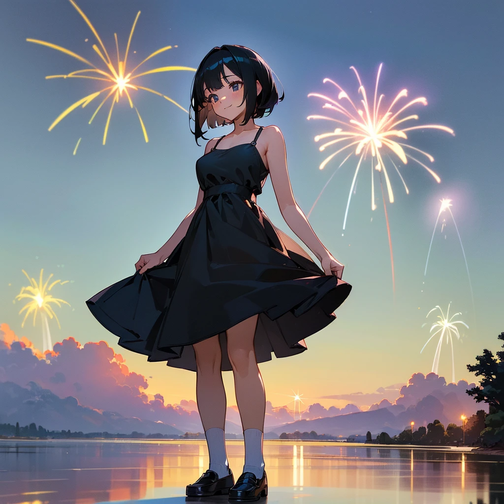 (high quality, High resolution, Very detailed, reality:1.37), Peaceful atmosphere, (Night Sky, firework), Teenage girl standing alone, (my breasts are big.), Beautiful details, Cute Smile, (Black bob hair), White camisole dress, White socks, loafers.