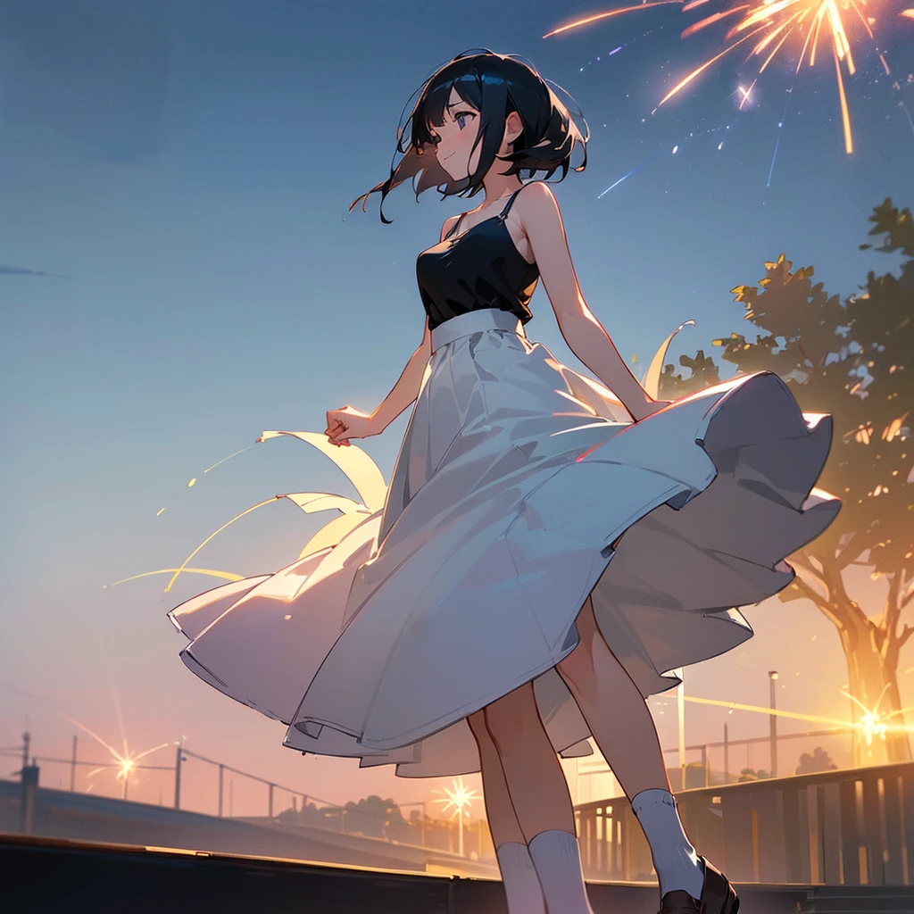 (high quality, High resolution, Very detailed, reality:1.37), Peaceful atmosphere, (Night Sky, firework), Teenage girl standing alone, (my breasts are big.), Beautiful details, Cute Smile, (Black bob hair), White camisole dress, White socks, loafers.