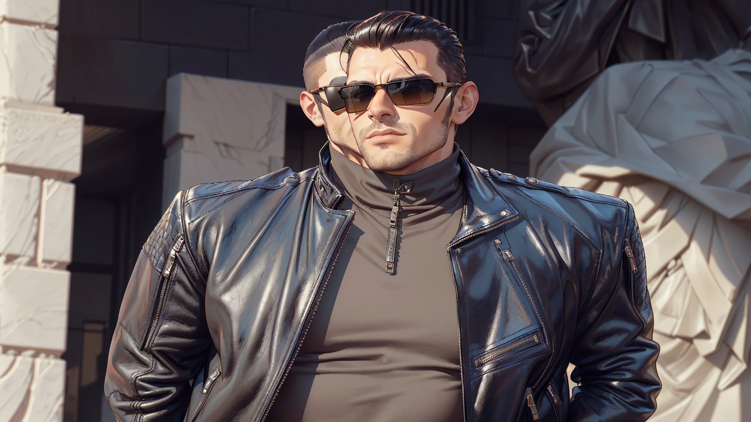 arafed man in a leather jacket and sunglasses standing in front of a statue, wearing a turtleneck and jacket, leather clothing, leather clothes, style from greg rutkowski, handsome man, attractive man, portrait image, wearing a leather flight jacket, wearing leather, in style of kyrill kotashev, clothed in ancient street wear