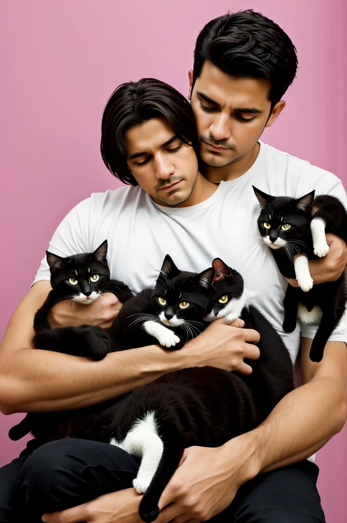 Create a very colorful artistic cartoon-like image, with a father hugging and protecting his three female kittens , a two-tone black brown , another black , another bi color white black , The man is sad but he comforts himself with his kittens who love him