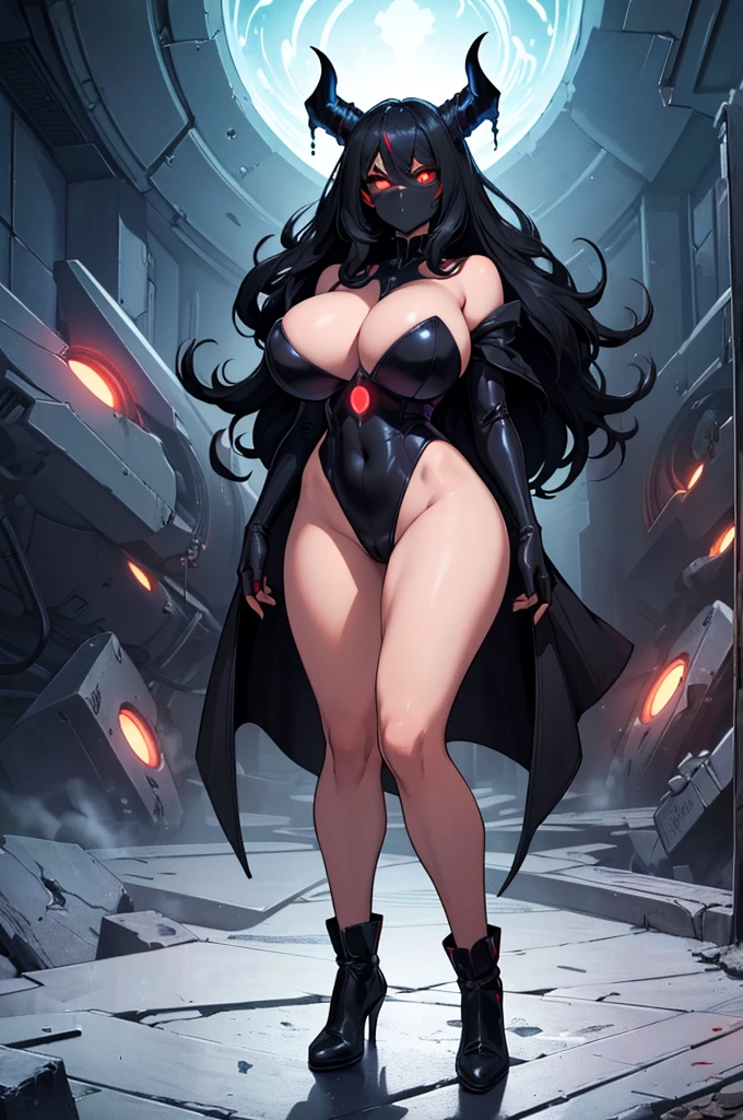 (masterpiece, best quality, high resolution, ((full body, standing,))((huge breasts)) 1 dark entity like a black hole, glowing red eyes, faceless, powerful looking,full body
