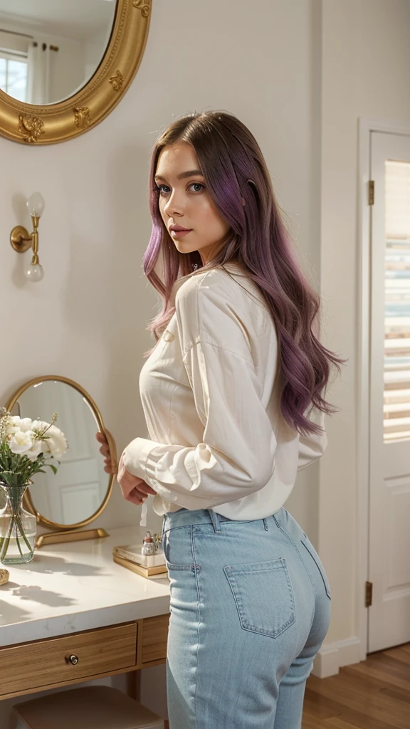 Ema is standing in front of an elegant wardrobe filled with stylish dresses. She is holding two dresses, one in each hand, trying to decide which one to wear. The room is softly lit with warm, golden light, creating a cozy yet sophisticated atmosphere. Ema has long, vibrant purple hair that cascades down her shoulders. She is wearing a chic, casual outfit: a simple white blouse and light blue jeans, perfect for getting ready. Her makeup is light, with a natural look, highlighting her big, expressive blue eyes. In the background, there are beauty products and accessories laid out on a vanity table, ready for use. The vanity table is white with a vintage design, and the mirror above it has a golden frame. The room is modern and well-decorated, with a large mirror reflecting Ema’s thoughtful expression as she contemplates her choice. The walls are painted in a soft, pastel pink, and there are a few framed pictures and plants adding a touch of elegance to the space.