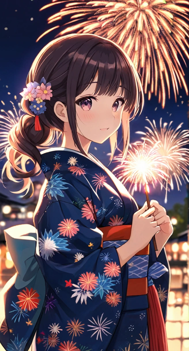 Beautiful girl wearing a yukata and fireworks