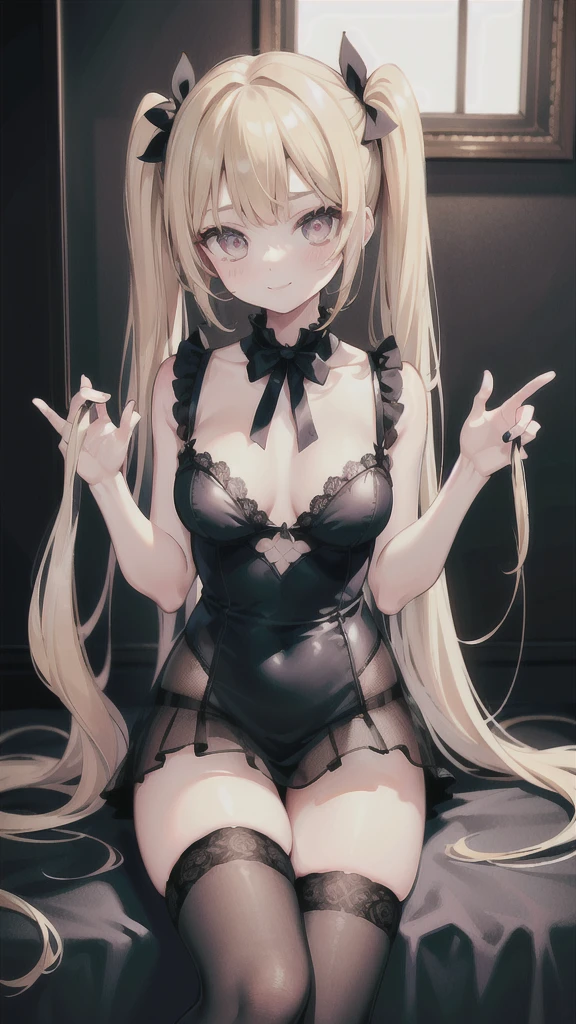 A girl, ta style, maid, blonde hair, long hair, twin tails, long twin tails, bangs, heterochromatic eyes, one pupil is purple, one pupil is gold, black stockings, stockings, flesh Legs, lift skirt to reveal panties, black lace panties, panties, briefs, lace, lace briefs, translucent briefs, blush, tenderness, smile, high quality, don't show excessive composition problems, masterwork, skin Fair, smooth skin, clear pupils, high-definition picture quality, perfect composition, fine characterization, extreme details, coordination of light and shadow, precise body proportions, (correct proportions of facial features), (exquisitely sculpted face), epic works, 8K, (Masterpiece), (High Quality), (Super Detailed), ((Illustration))